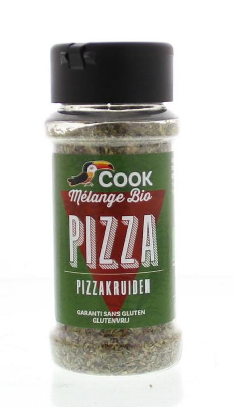 Cook bio Pizzakruiden 13g, organic pizza seasoning mix with herbs and spices, ideal for enhancing homemade pizzas.