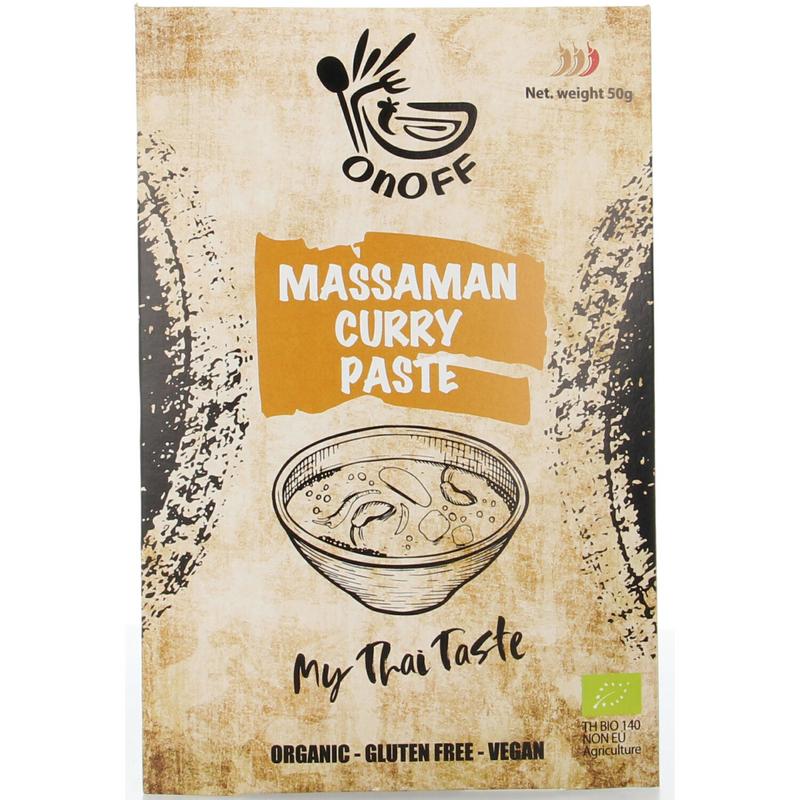 Organic Onoff Thaise Massaman curry paste in a 50g jar, featuring herbs, spices, and natural ingredients for authentic flavor.