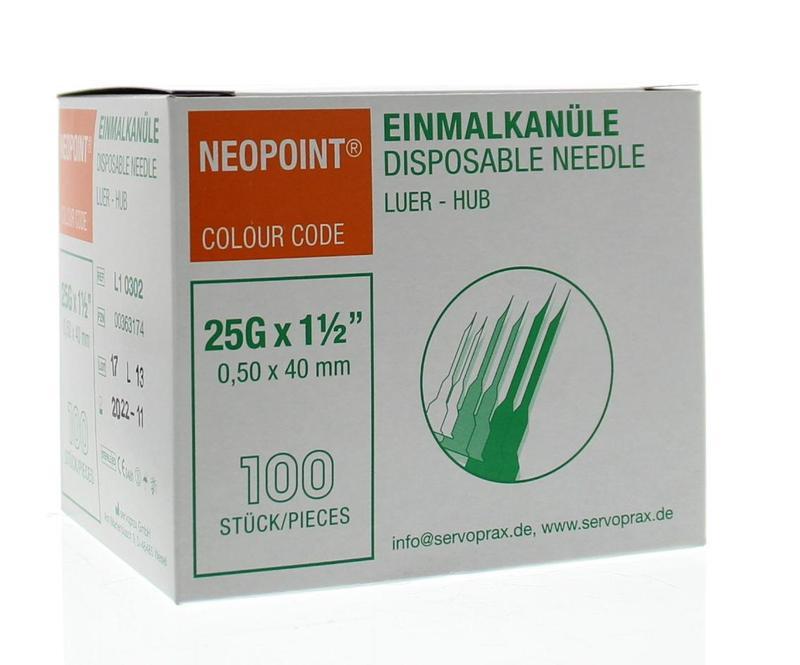 Sterile Neopoint Injectienaald 0.5 x 40 mm lancet, 100 pieces, used for blood sampling or medical testing.