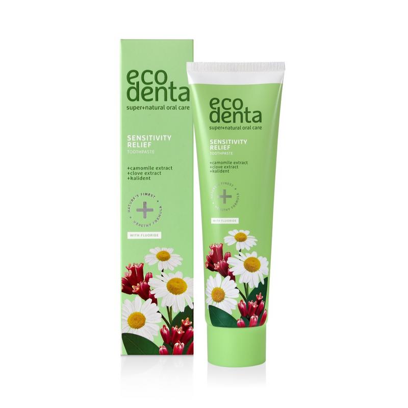Ecodenta chamomile toothpaste for sensitive teeth in a 100ml tube, showing the packaging and product branding.