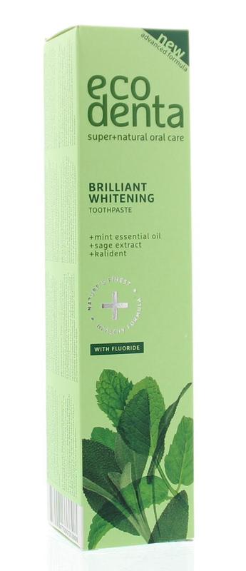 Ecodenta whitening toothpaste with muntolie and salie extract in a 100ml tube, featuring natural herbal ingredients.
