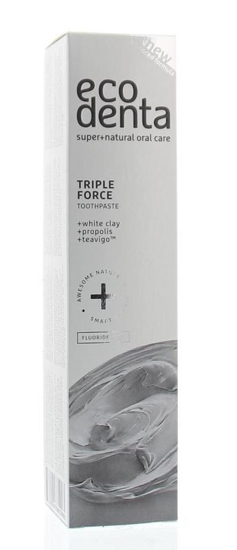 Ecodenta Tandpasta extra triple effect with witte klei in 100ml tube, designed for whitening and oral care.