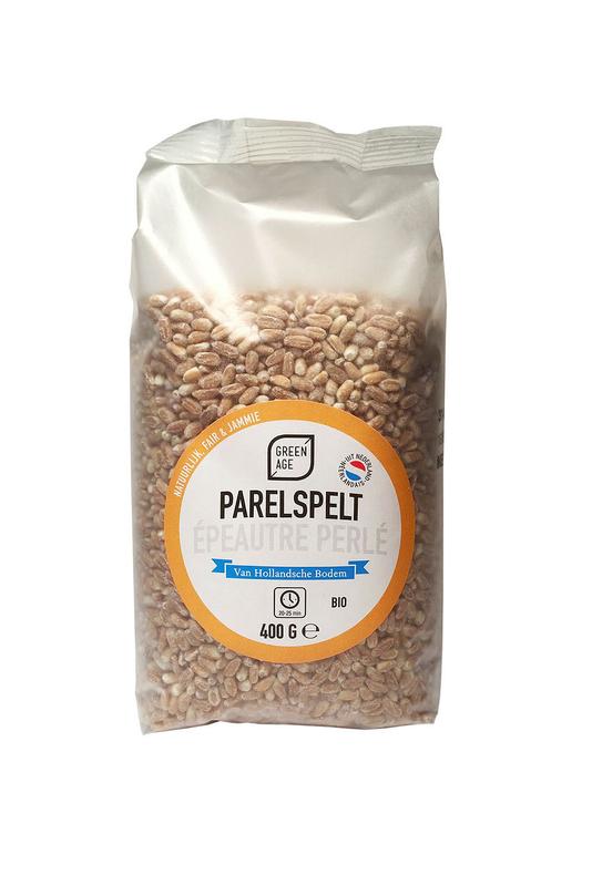 Greenage Parelspelt bio pasta in 400g package, featuring whole spelt grains and natural green packaging.