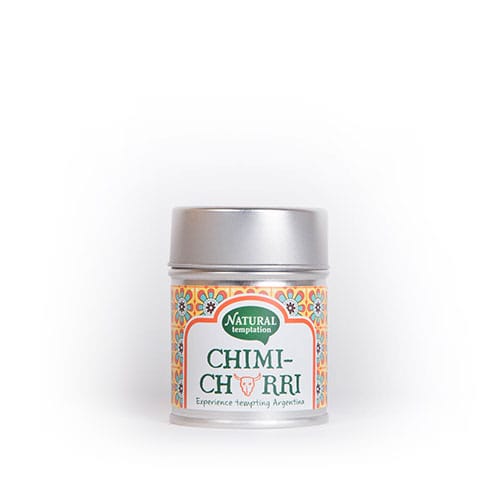 Natural Temptation Chimichurri spice tin with organic herbs, 40g, featuring fresh green herbs and spices for flavorful cooking.
