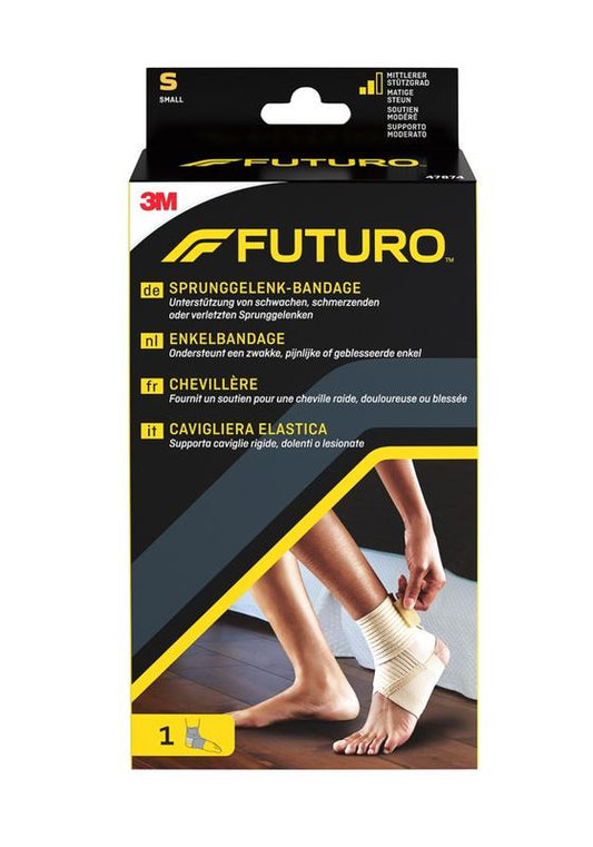 Futuro Enkelbandage maat S, a supportive ankle brace, shown in white with adjustable straps for secure fit.