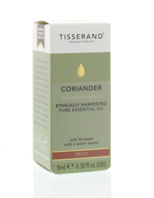 Tisserand Coriander essential oil in a 9ml glass bottle, ethically harvested, with a label showing the product details.