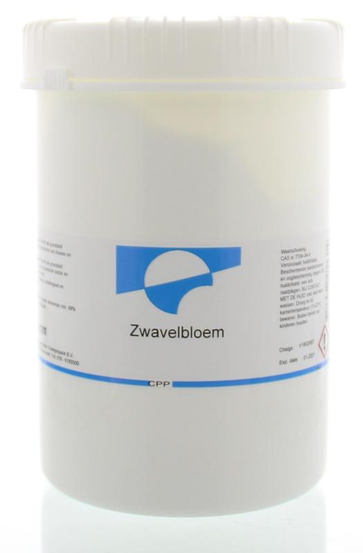 Orphi Zwavelbloem 500 gram schoonmaakartikel showing sulfur powder in a clear container for cleaning purposes.