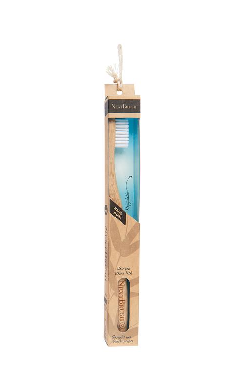Nextbrush Bamboe tandenborstel hard, natural bamboo handle and white bristles, for effective cleaning and eco-friendly oral care.