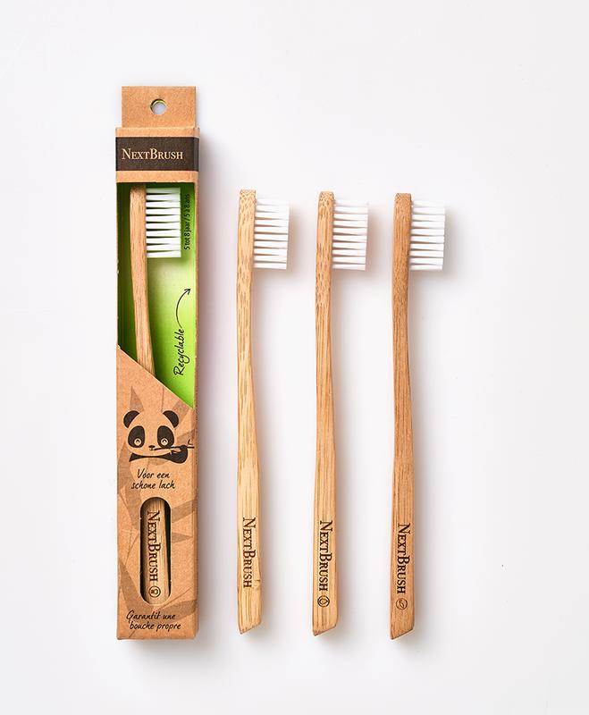 Nextbrush Bamboe children's toothbrush for ages 5 and up, natural bamboo handle and soft bristles for kids' dental care.