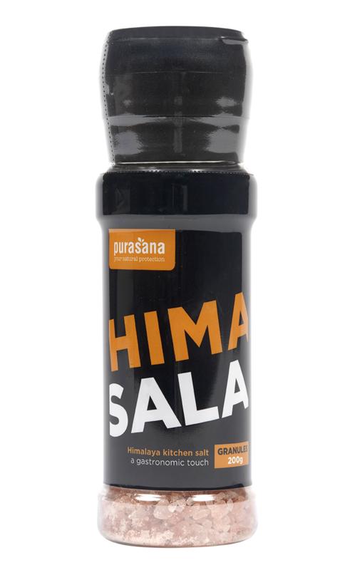 Purasana Himasala grof keukenzout molen with Himalayan pink salt crystals in a grinder container.