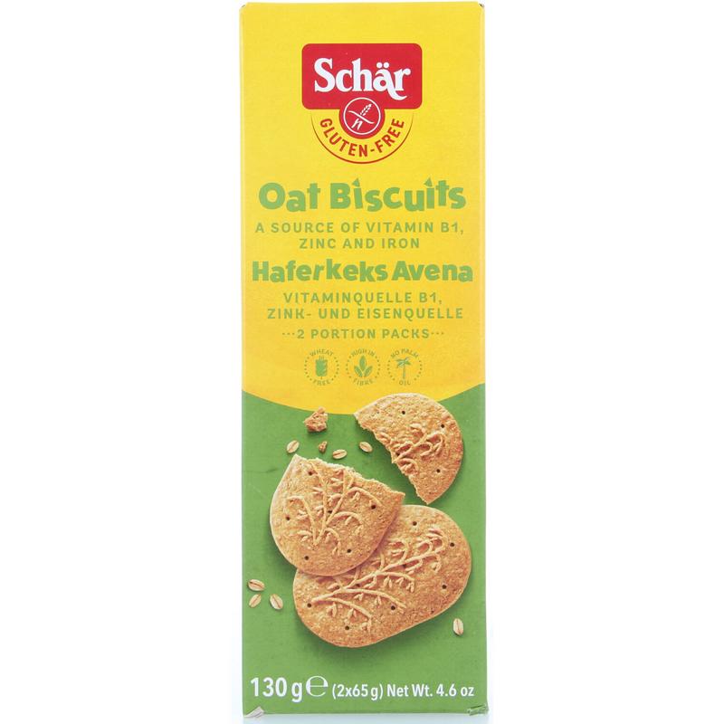 Schar glutenvrije haverkoeken in 130g package, showing golden-brown oat biscuits on a white background.