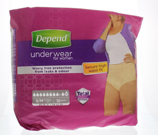 Depend Incontinentie pants for women, maximum size S/M, 10-pack, shown in beige fabric with elastic waistband and secure fit.