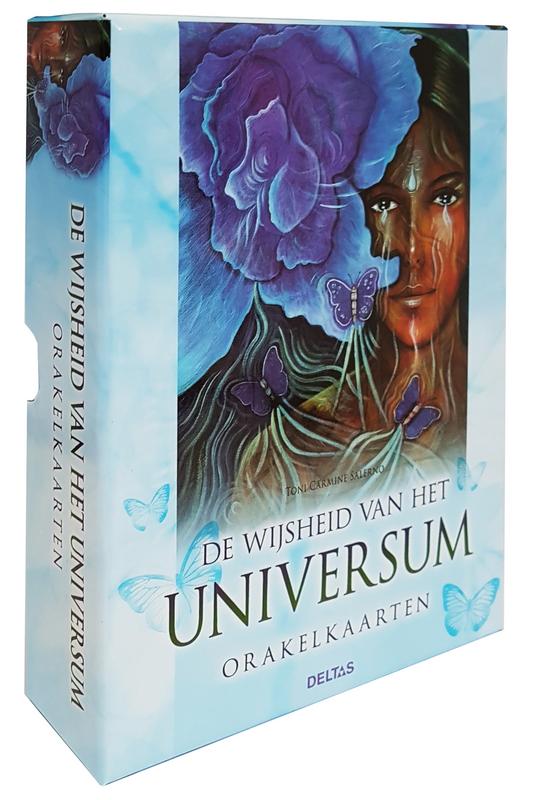 Deltas Wijsheid van het Universum book and oracle cards set, featuring a book and a deck of oracle cards with mystical imagery.