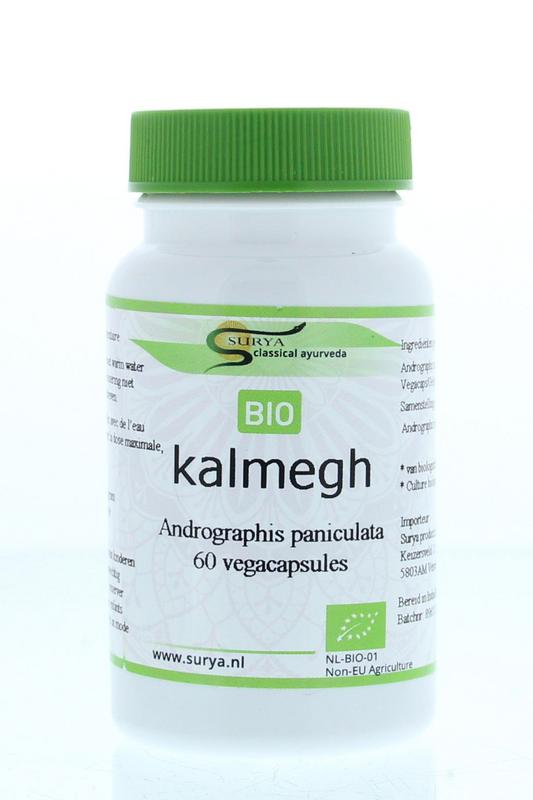 Surya Kalmegh bio herbal capsules in a bottle, part of Kruidenpreparaten supplement line, with green and white label visible.