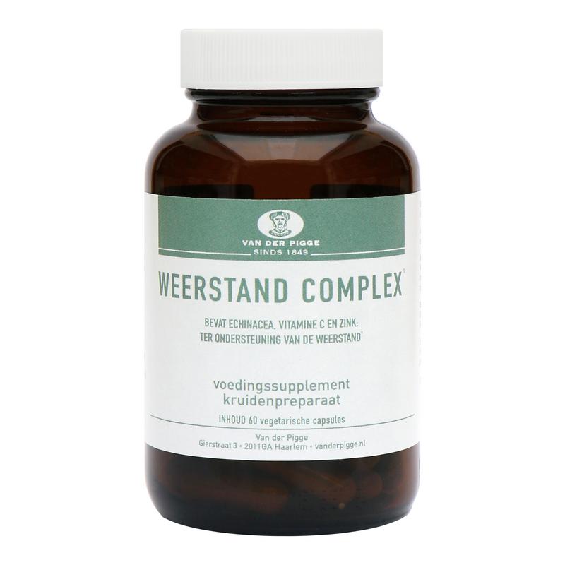 van der Pigge Weerstand Complex herbal capsules in a bottle, showing the supplement packaging and capsules inside.