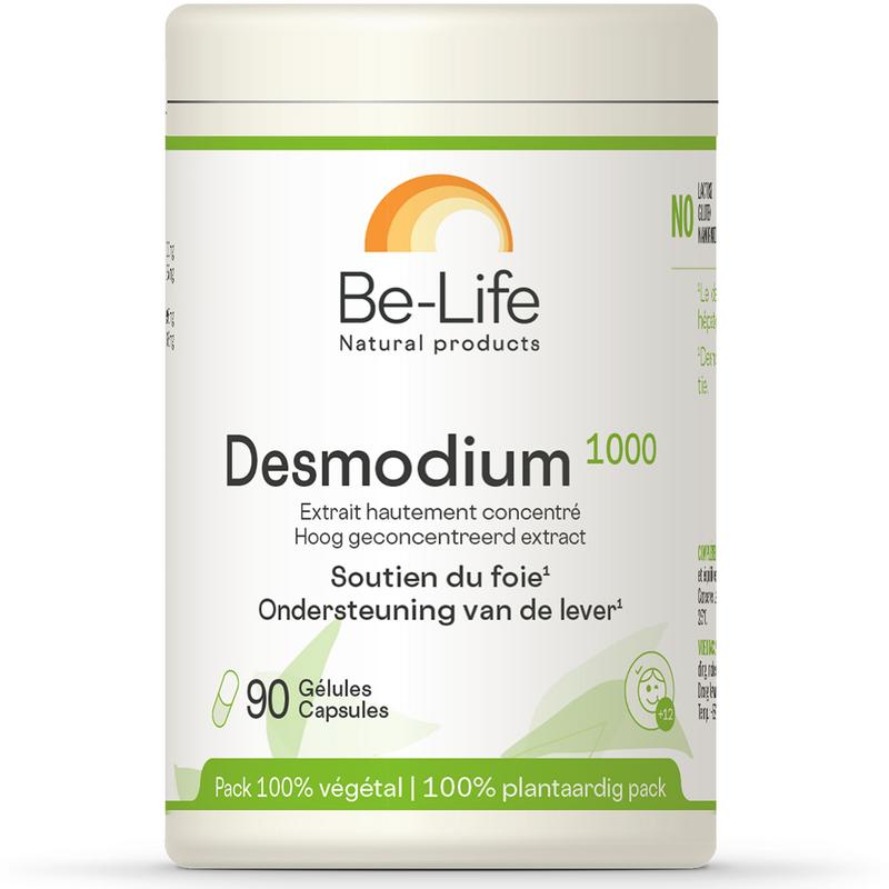 Be-Life Desmodium 1000 softgels in a bottle, herbal supplement packaging for kruidpreparaten, with capsules visible inside.