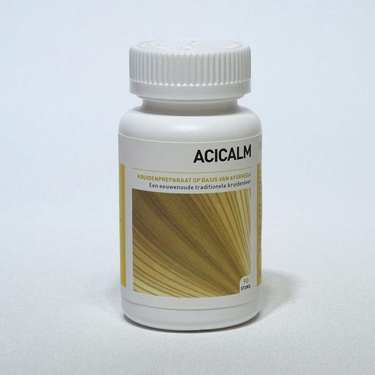 Ayurveda Health Acicalm herbal tablets in a bottle, natural kruidenpreparaten for wellness, with label and tablet details visible.