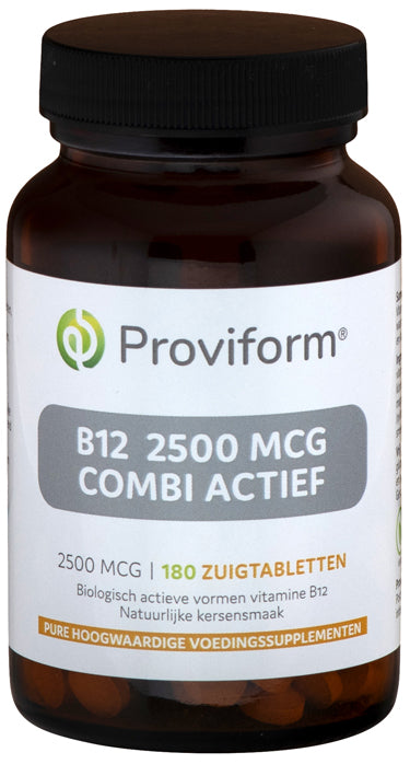 Proviform Vitamine B12 2500mcg combi actief zuigtabletten, close-up of the orange tablets on a white background.