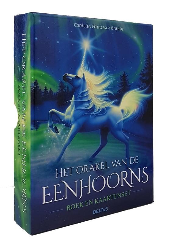 Deltas Het orakel van de eenhoorns boek en kaartenset, kleurrijke illustration on the cover, includes guidebook and oracle cards.
