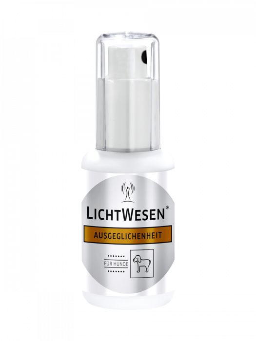 Lichtwesen Balans hond 30ml in een fles, dierenverzorgingsproduct voor honden, met een witte en blauwe verpakking.