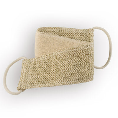 Natural exfoliating scrub band by Naturae Donum, double-sided sisal and cotton body scrub sponge for gentle skin care.