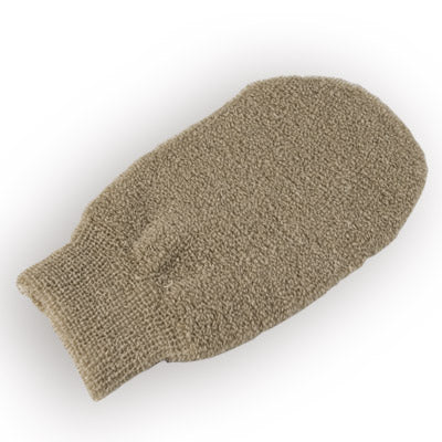 Naturalex Donum hemp linen hand scrub glove, eco-friendly exfoliating mitt for body, showing textured hemp fabric and stitching.