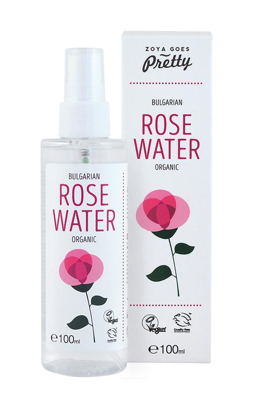 Zoya Goes Pretty Organic Rose Water 100ml, facial skincare product with clear glass bottle and rose water inside.