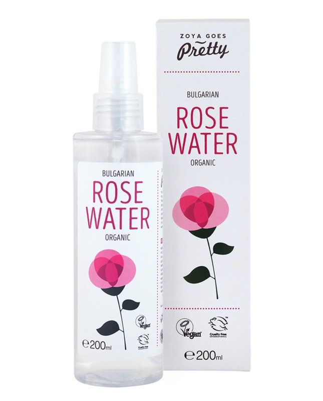 Zoya Goes Pretty Organic Rose Water 200ml facial toner in a clear bottle with a pink label and cap, suitable for skincare.