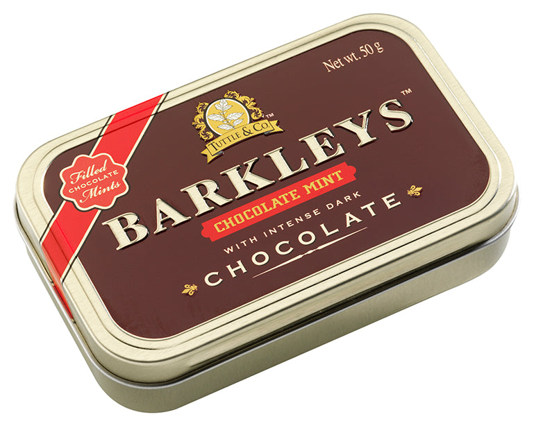Barkleys Chocolate Mints Snoepgoed in 50g pack, showing shiny chocolate mints with mint filling in clear packaging.