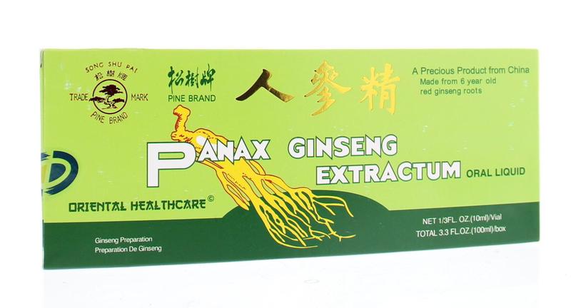 Panax Ginseng extract in 10 x 10ml bottles, herbal supplement from Panax Ginseng brand, showing bottles and herbal packaging.