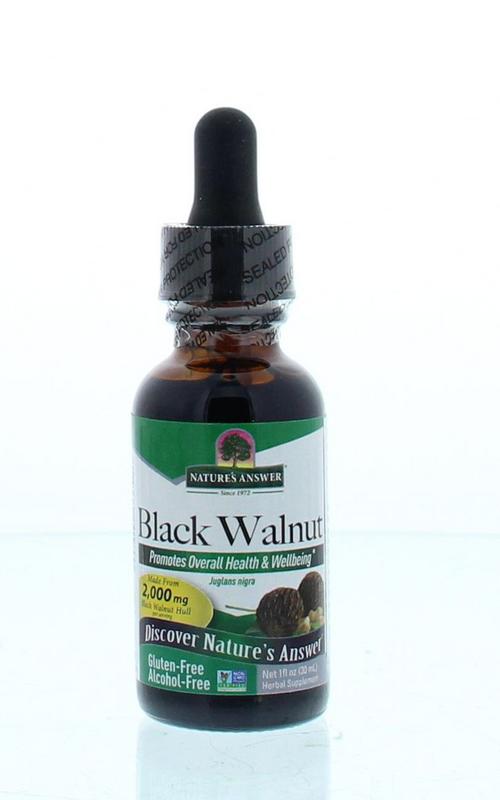 Natures Answer zwarte walnoot extract alcoholvrij in 30ml herbal supplement bottle showing the product label.