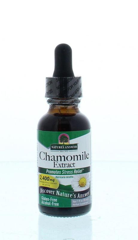 Natures Answer Kamille extract 1:1 alcoholvrij in 30ml bottle, herbal supplement for soothing and calming purposes.
