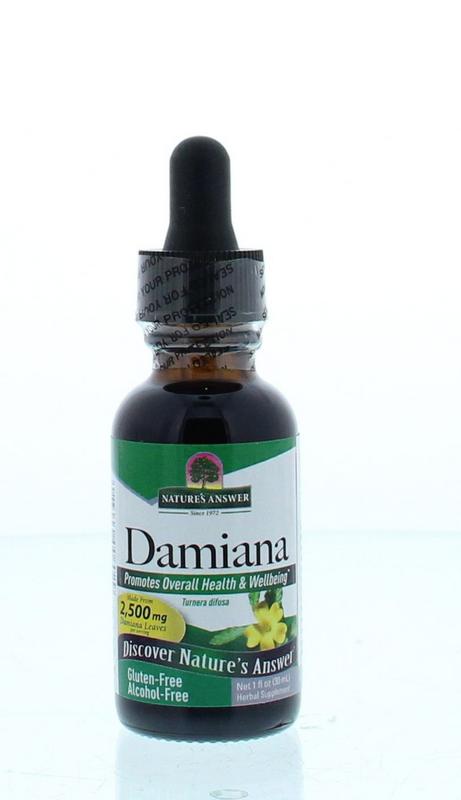 Bottle of Natures Answer Damiana extract alcohol-free herbal preparation in a 30ml container, with a natural herbal label.