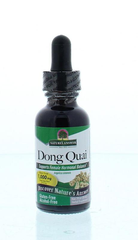 Natures Answer Dong Quai herbal extract in a 30ml bottle, alcohol-free, part of herbal supplement products.