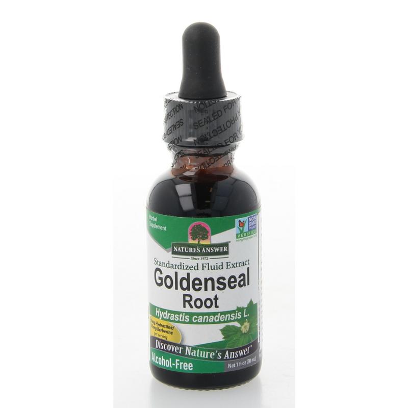 Natures Answer Canadese geelwortel extract alcoholvrij in 30ml bottle, herbal supplement with bright yellow turmeric roots and packaging