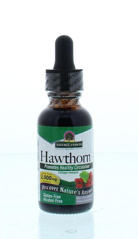 Natures Answer Meidoorn alcoholvrije kruidenpreparaat in 30ml bottle, herbal supplement with plant extract label and dropper cap.