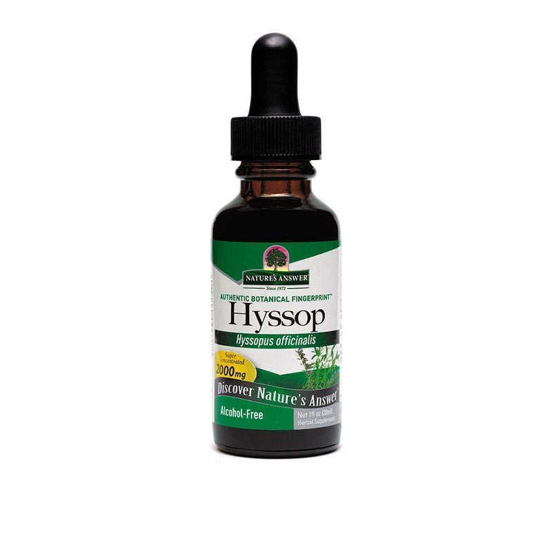 Bottle of Natures Answer Hyssop extract alcohol-free, 30ml, a herbal supplement from Natures Answer, with fresh hyssop leaves.