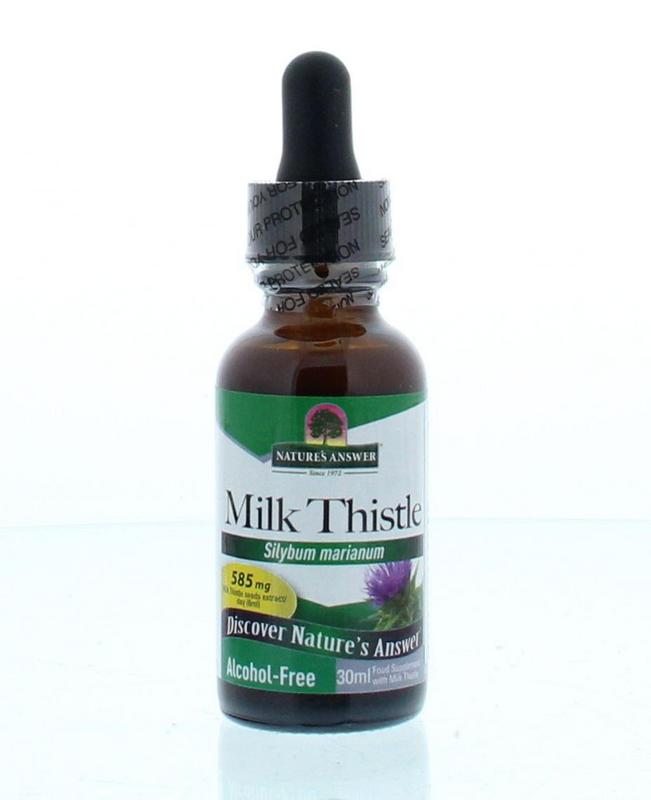 Natures Answer Mariadistel extract alcoholvrij in 30ml bottle, herbal supplement with fresh marian thistle plant visible.