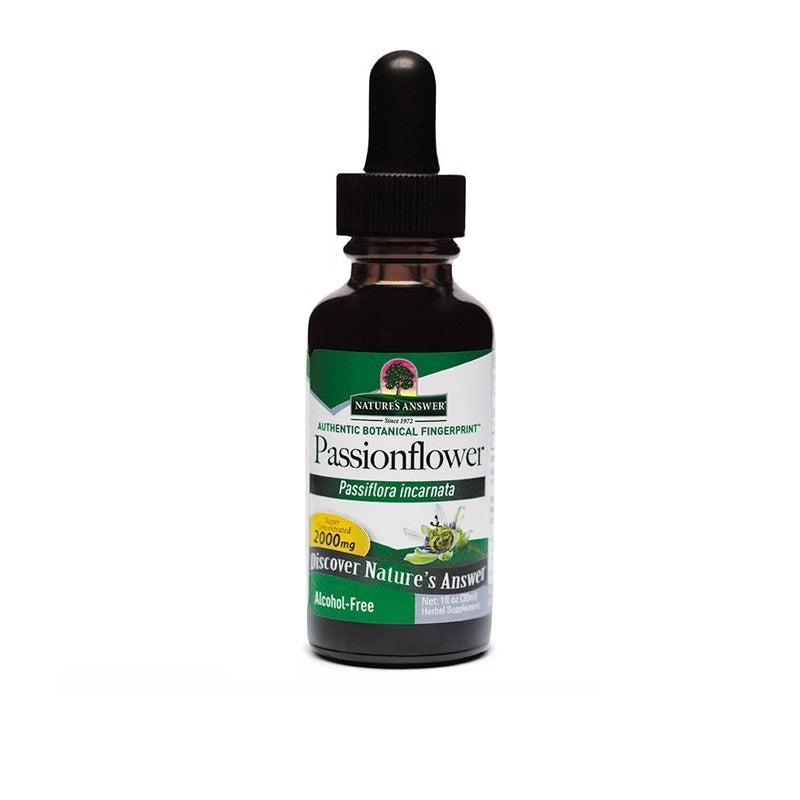 Natures Answer Passiebloem extract alcoholvrij 30ml in a glass dropper bottle, herbal supplement for relaxation and wellness.