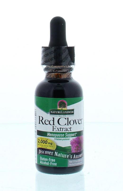 Bottle of Natures Answer Rode klaver extract alcoholvrij, 30ml, a herbal supplement from Natures Answer in a clear glass bottle.