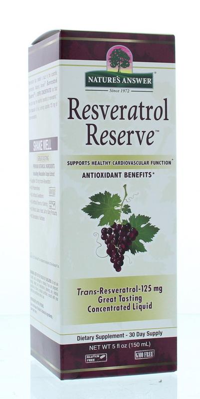 Natures Answer Resveratrol Reserve Complex liquid supplement in a 150ml bottle, herbal dietary supplement for wellness.
