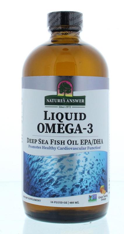 Natures Answer liquid omega 3 DHA/EPA supplement bottle with 480ml volume and 1,150mg fatty acids, showing the product label.