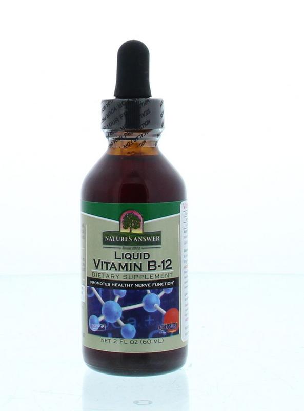 Natures Answer liquid vitamin B12 bottle, 60ml, showing the supplement's label and dropper for easy dosing.