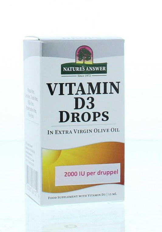 Natures Answer Vitamin D3 2000IU/50mcg liquid supplement in a 15ml bottle, showing the dropper and label.
