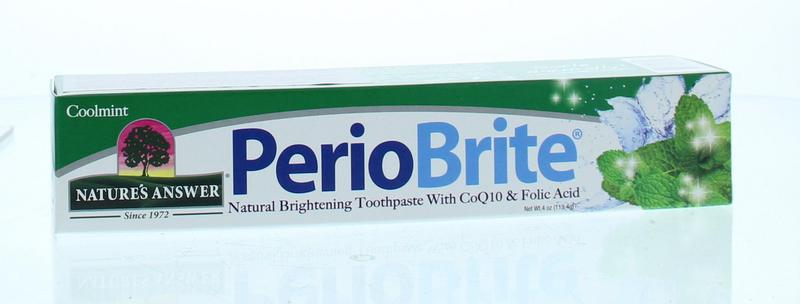 Natures Answer PerioBrite natural toothpaste with 22 herbs and Q10, 113.4 grams, showing the toothpaste tube and herbal ingredients.