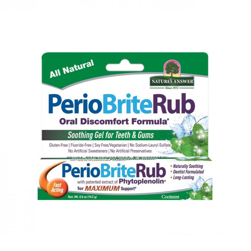 Natures Answer PerioBrite Rub tandvleesgel with 22 kruiden and Q10, 14g, for oral hygiene and gum care, shown in the image.