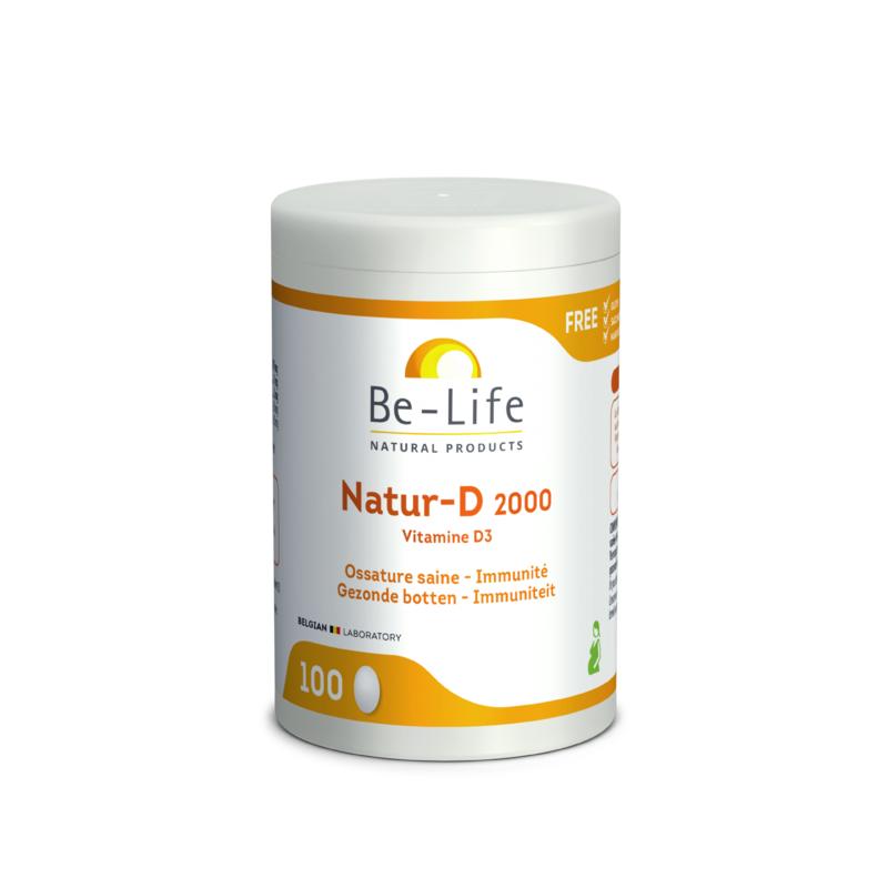 Be-Life Natur-D 2000 vitamin D3 supplement in a bottle of 100 capsules, natural vitamin D product from Be-Life.