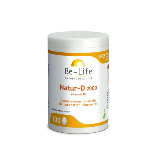 Be-Life Natur-D 2000 vitamin D3 supplement in a bottle of 100 capsules, natural vitamin D product from Be-Life.