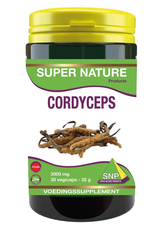 SNP Cordyceps Extra Forte 3000mg herbal capsules in a bottle, vegetarian supplement for natural energy and vitality.