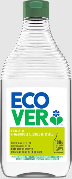 Ecover lemon and aloe vera dish soap in 450ml bottle, showing the label and clear liquid inside.